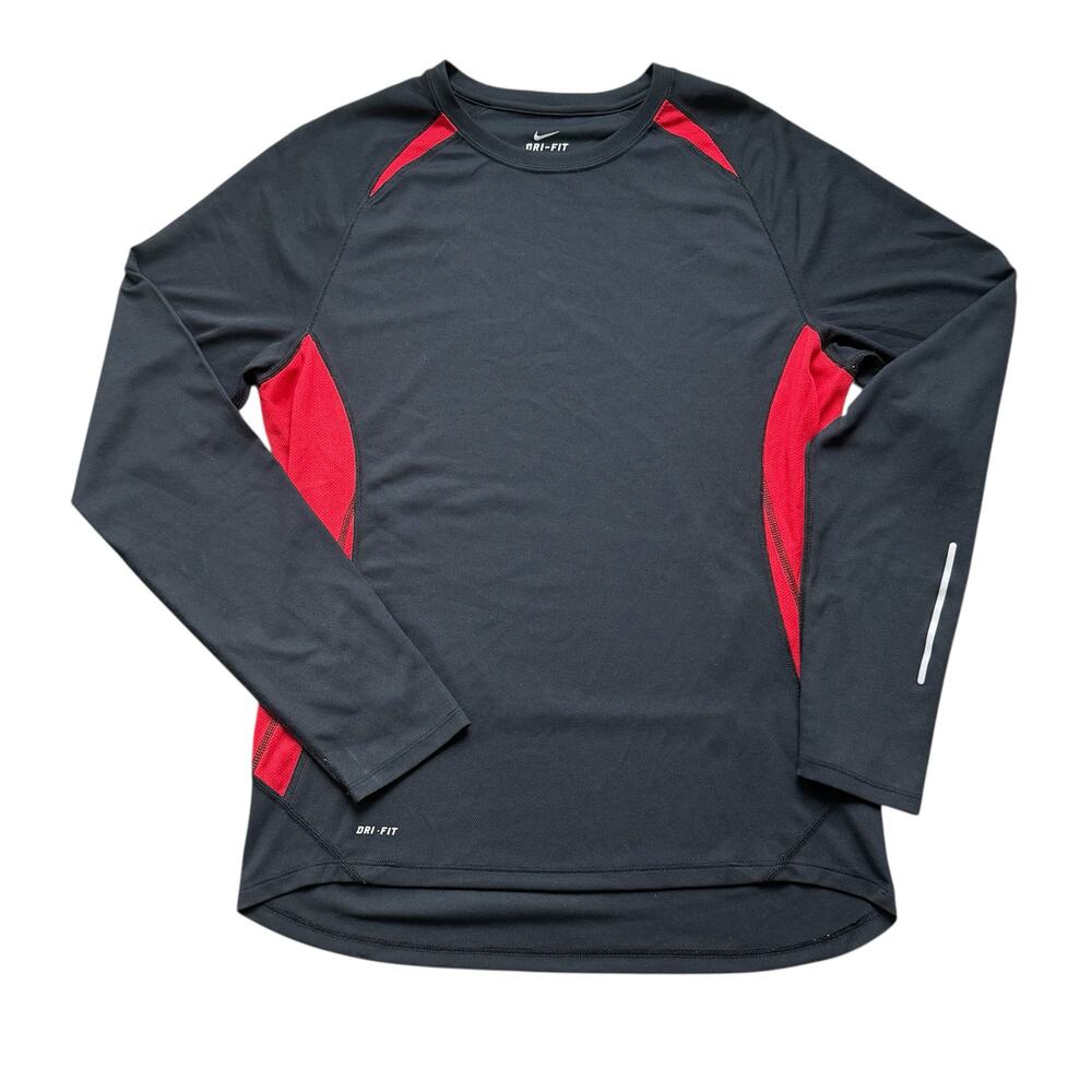 Men's M Nike Dri Fit Black Red Color Block Long Sleeve Athletic Activewear Shirt